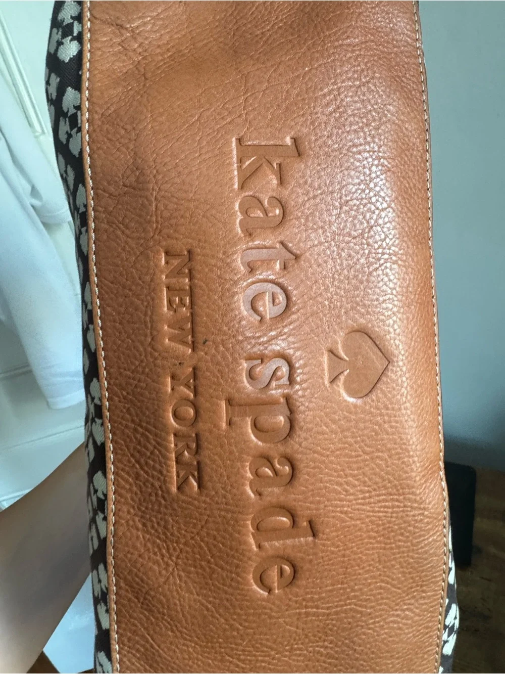 Kate Spade Brown, Cream & Red Patterned Tote with Tan Handles
